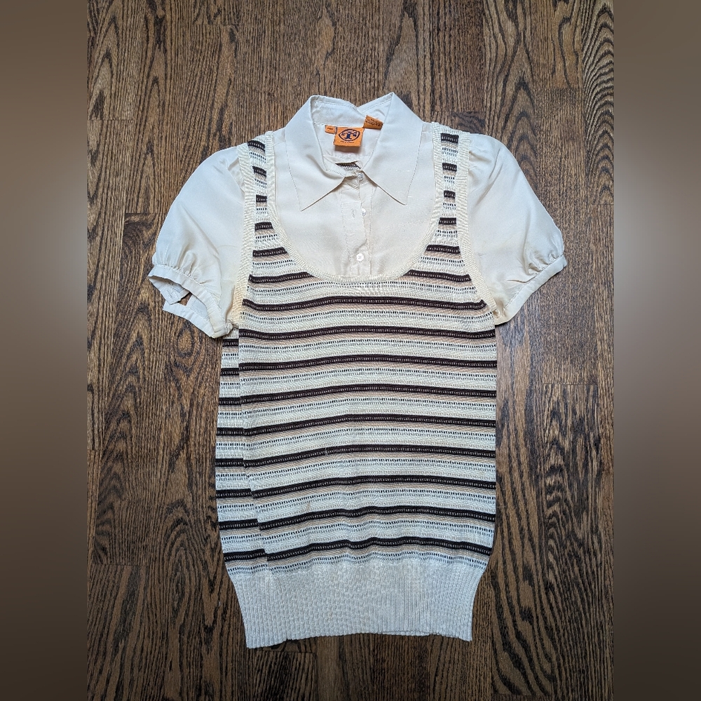 Tory Burch Cream and Brown Sweater Vest With Attached Shirt Top size Small